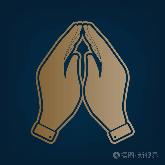祈祷符号. 矢量. 黑色青色背景下的金色图标和边框.