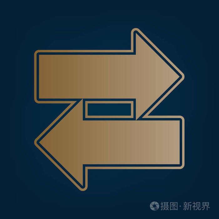 两个箭头左向右标志. 矢量. 黑色青色背景下的金色图标和边框.