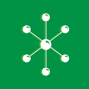 分子符号插图。 矢量。 白色平面图标与黄色条纹阴影在绿色背景。