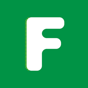 字母f标志设计模板元素。 矢量。 白色平面图标与黄色条纹阴影在绿色背景。