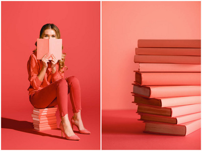 拼贴活的珊瑚书和年轻的女人看书。 潘通颜色的2019年概念