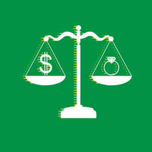  jeweler and dollar symbol on scales. Vector. White flat icon wi