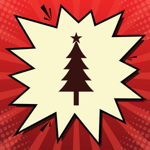 新年树标志。 矢量。 深红色图标在柠檬雪纺快门气泡在红色流行背景与光线。