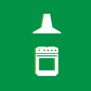 电炉或煤气炉和萃取器厨房罩标志。 矢量。 白色平面图标与黄色条纹阴影在绿色背景。