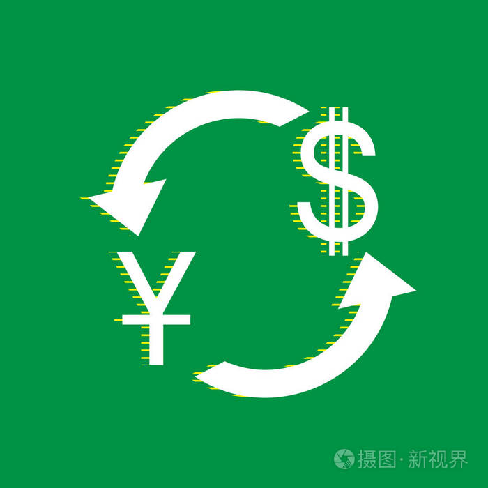 人民币和美元. 矢量. 白色平面图标与黄色条纹阴影在绿色背景.