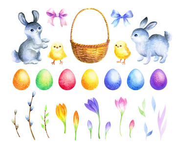 复活节水彩插图与手绘可爱的兔子，鸡花和彩色鸡蛋。