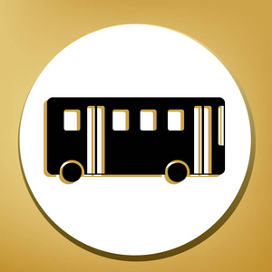 公共汽车简单标志。 矢量。 黑色图标与浅棕色阴影在白色圆圈与形状戒指在黄金背景。