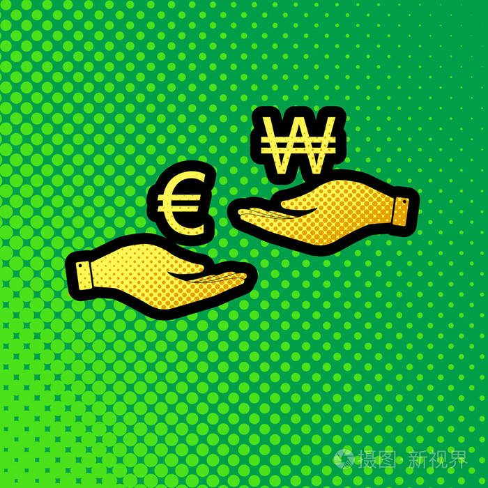 从手到手的货币兑换。 欧元和胜利。 矢量。 流行艺术橙色到黄色点梯度图标与黑色轮廓在绿色背景。