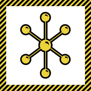 分子符号插图。 矢量。 温暖的黄色图标与黑色轮廓在框架命名为正在建设的白色背景。 孤立的。