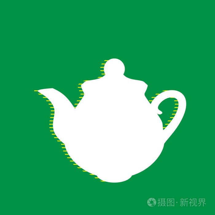 茶壶厨房标志。 矢量。 白色平面图标与黄色条纹阴影在绿色背景。