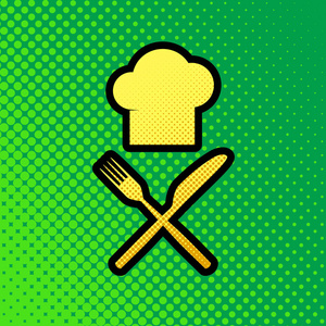 厨师有刀叉标志。 矢量。 流行艺术橙色到黄色点梯度图标与黑色轮廓在绿色背景。
