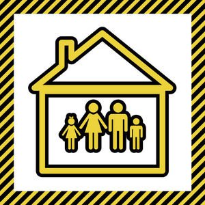 家庭标志插图。 矢量。 温暖的黄色图标与黑色轮廓在框架命名为正在建设的白色背景。 孤立的。