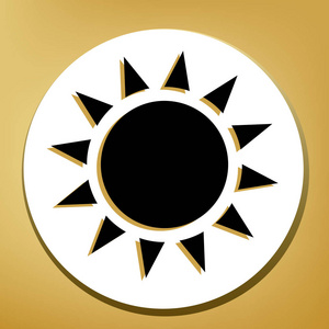 太阳标志插图。 矢量。 黑色图标与浅棕色阴影在白色圆圈与形状戒指在黄金背景。