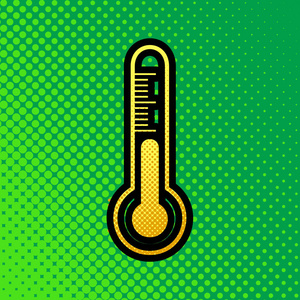 美欧诊断技术温度计标志。 矢量。 流行艺术橙色到黄色点梯度图标与黑色轮廓在绿色背景。