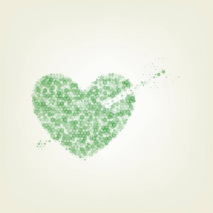 箭头心脏标志。 矢量。 绿色六边形改变图标和噪音不透明度和大小在浅绿色背景与中心灯。
