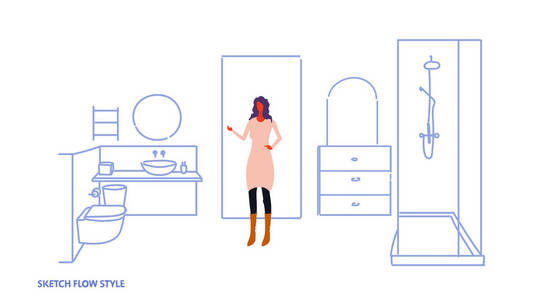 女子站立现代浴室内部女性卡通人物全长素描流程风格水平