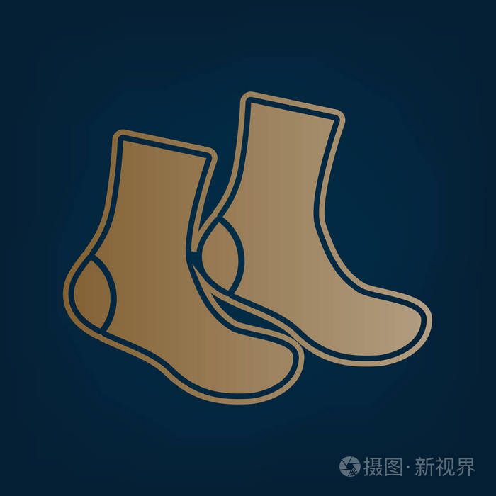 袜子标志. 矢量. 黑色青色背景下的金色图标和边框.