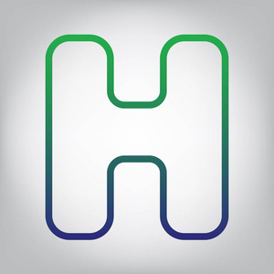 字母h标志设计模板元素。 矢量。 绿色到蓝色渐变轮廓图标在灰色背景，光线在中心。
