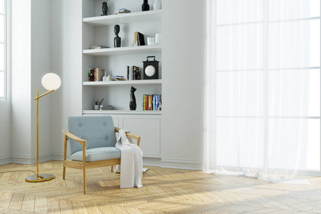 现代中世纪室内蓝色扶手椅与书架木地板和白色墙壁3D渲染