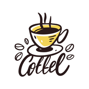 咖啡杯手绘矢量插图和刻字. 孤立在白色背景上.照片