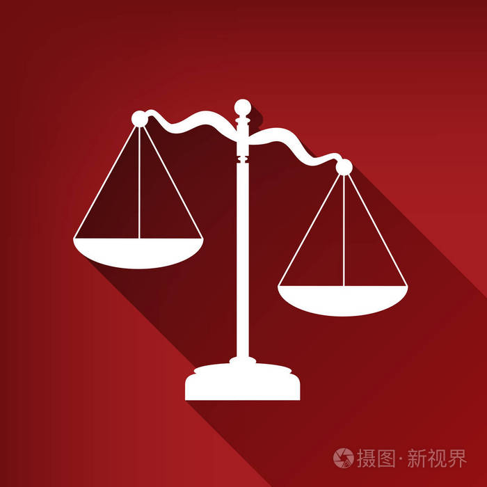 正义的天平标志. 矢量. 白色图标与无限的阴影在红宝石红色背景.