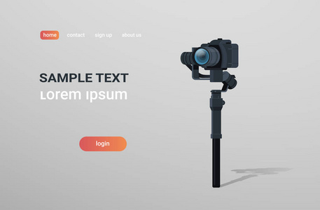 电动万向节稳定器为 dslr 无镜相机防摇工具记录视频场景概念灰色背景水平复制空间平面
