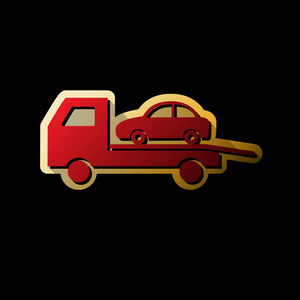 拖车疏散标志。 矢量。 红色图标与小黑色和无限的阴影在金色贴纸在黑色背景。