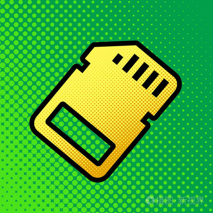 记忆卡标志. 矢量. 流行艺术橙色到黄色点梯度图标与黑色轮廓在绿色背