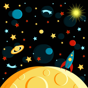 月球,太阳,土星,地球,其他行星,火箭星彗星空间卡通风格照片