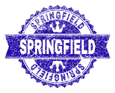 带有格朗格风格的斯普林菲尔德玫瑰印章印记。设计有圆形花环，丝带和小冠。蓝色矢量橡胶打印的SPRINGFIELD标题与不干净的风格