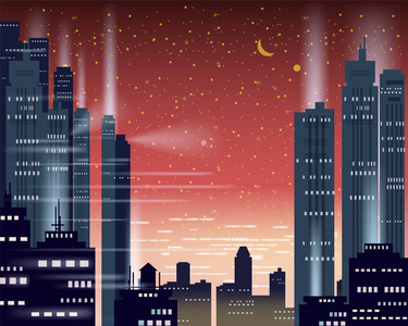 城市景观大都市夜灯的一个大城市, 照亮霓虹灯, 摩天大楼, 市中心, 天际线, 建筑物的轮廓。向量, 例证, 查出的, 背景, 