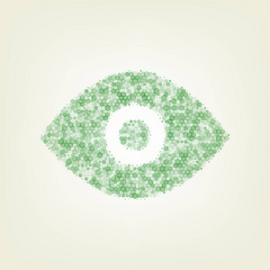 眼睛标志插图。 矢量。 绿色六边形改变图标和噪音不透明度和大小在浅绿色背景与中心灯。