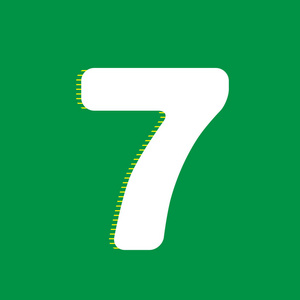编号7标牌设计模板元素。 矢量。 白色平面图标与黄色条纹阴影在绿色背景。