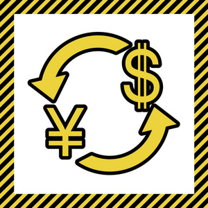 货币兑换标志。 日本日元和美元。 矢量。 温暖的黄色图标与黑色轮廓在框架命名为正在建设的白色背景。 孤立的。