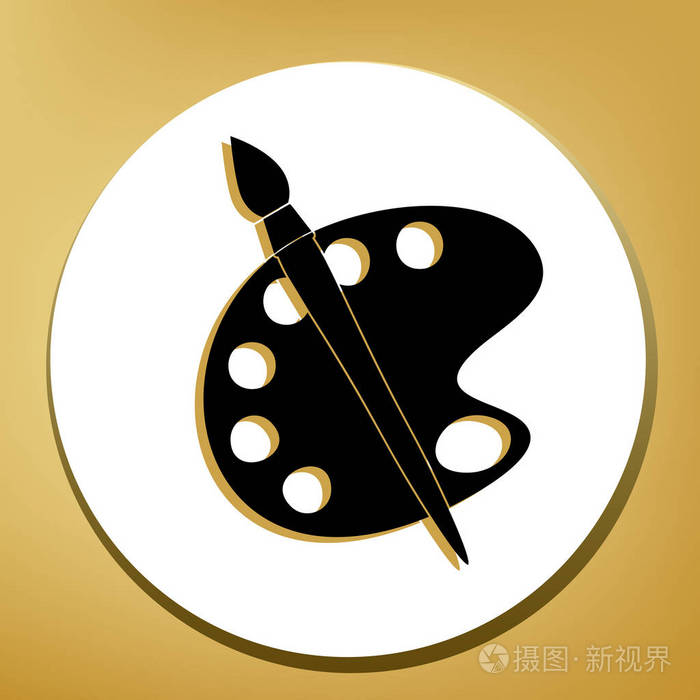 调色板和刷子标志矢量黑色图标与浅棕色阴影在白色圆圈与形状戒指在