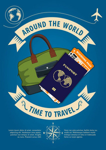 旅行横幅或海报与旅行包, 护照和登机牌票的时间。旅行和度假的概念