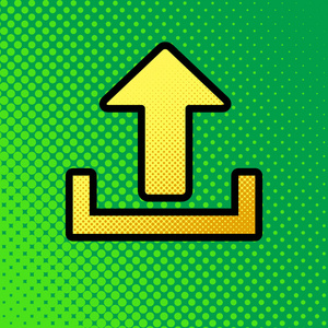 上传签名插图。 矢量。 流行艺术橙色到黄色点梯度图标与黑色轮廓在绿色背景。
