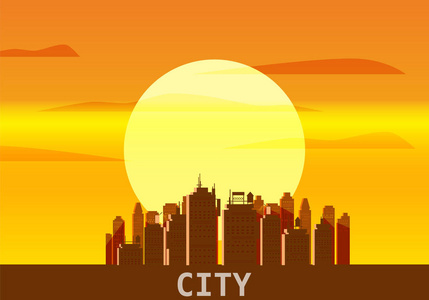 城市大都市日落, 城市景观, 晚上, 天际线, 摩天大楼的轮廓。向量, 例证, 查出的, 背景, 模板, 横幅