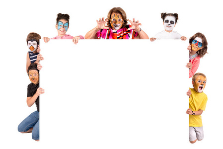 s group with animal facepaint isolated in white