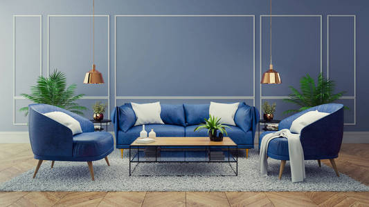 豪华现代室内客厅蓝色房间装饰概念蓝色沙发和黑色桌子与金灯在浅蓝色墙壁和木地板3D渲染。