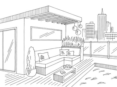 屋顶花园图形黑白城市景观素描插图照片