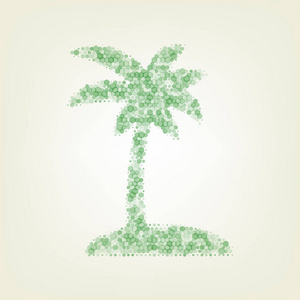 椰子棕榈树标志。 矢量。 绿色六边形改变图标和噪音不透明度和大小在浅绿色背景与中心灯。