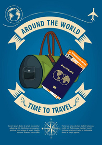 旅行横幅或海报与旅行包, 护照和登机牌票的时间。旅行和度假的概念
