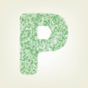 字母p标志设计模板元素。 矢量。 绿色六边形改变图标和噪音不透明度和大小在浅绿色背景与中心灯。