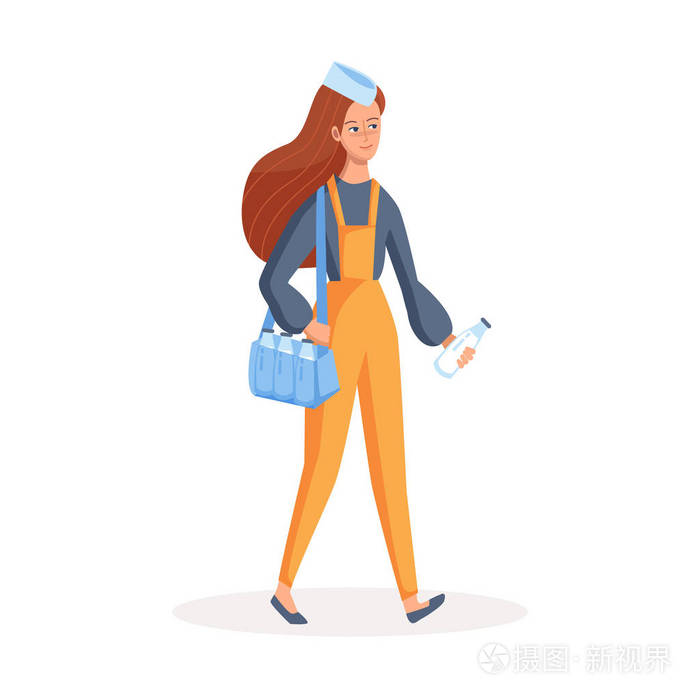 穿着统一装瓶牛奶和袋子的挤奶女工. 快递配送牛奶的概念. 矢量图.