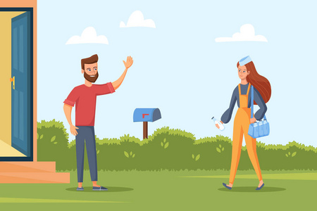 送货服务概念. 年轻女孩的快递员拿着一瓶牛奶和袋子. 矢量图.照片