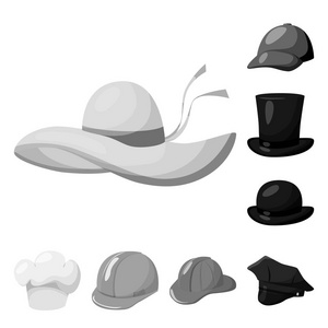 帽子和头盔徽标的矢量插图。收集帽子和职业向量图标为股票