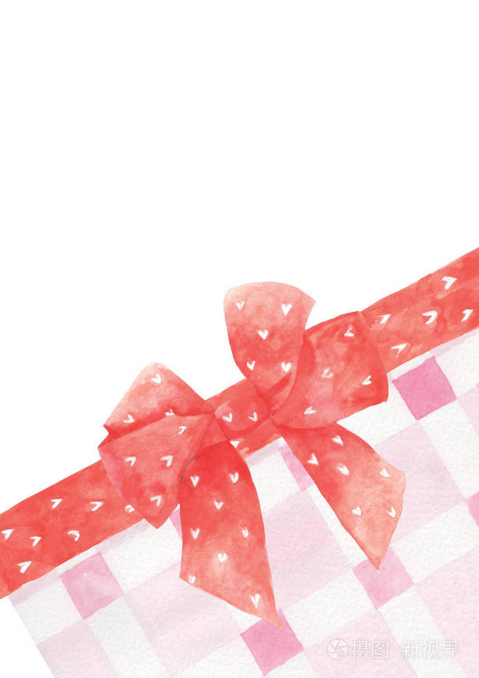 红色水彩蝴蝶结和丝带上的粉红色和白色格子图案.