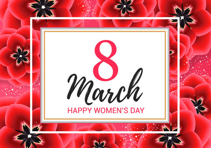 8 3月背景与红色花。快乐妇女节花卉卡片设计向量例证