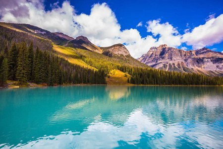 木山中光滑的绿松石水..生态旅游的概念..山翡翠湖..加拿大Yoho国家公园。秋天晴朗的一天